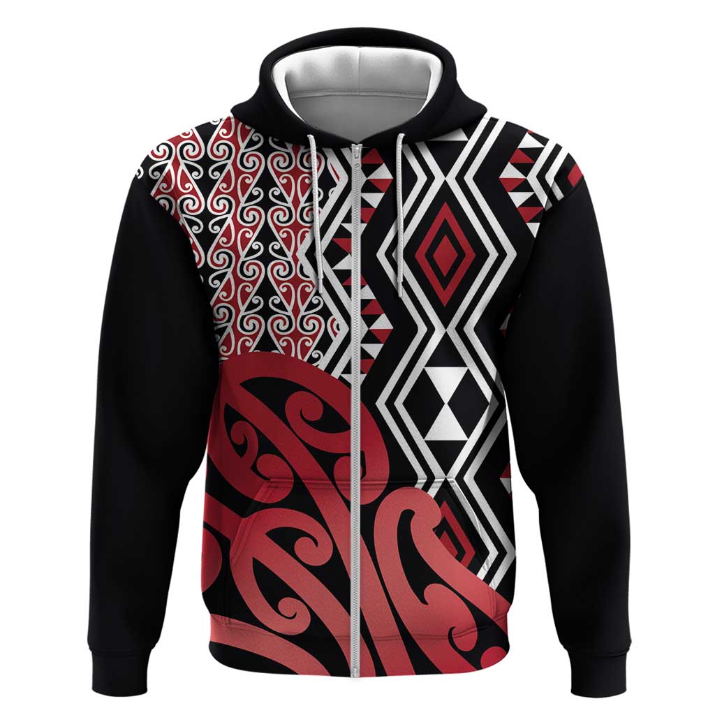 New Zealand Zip Hoodie Aotearoa Kowhaiwhai Mix Taniko Art - Red LT14 Zip Hoodie Red - Polynesian Pride