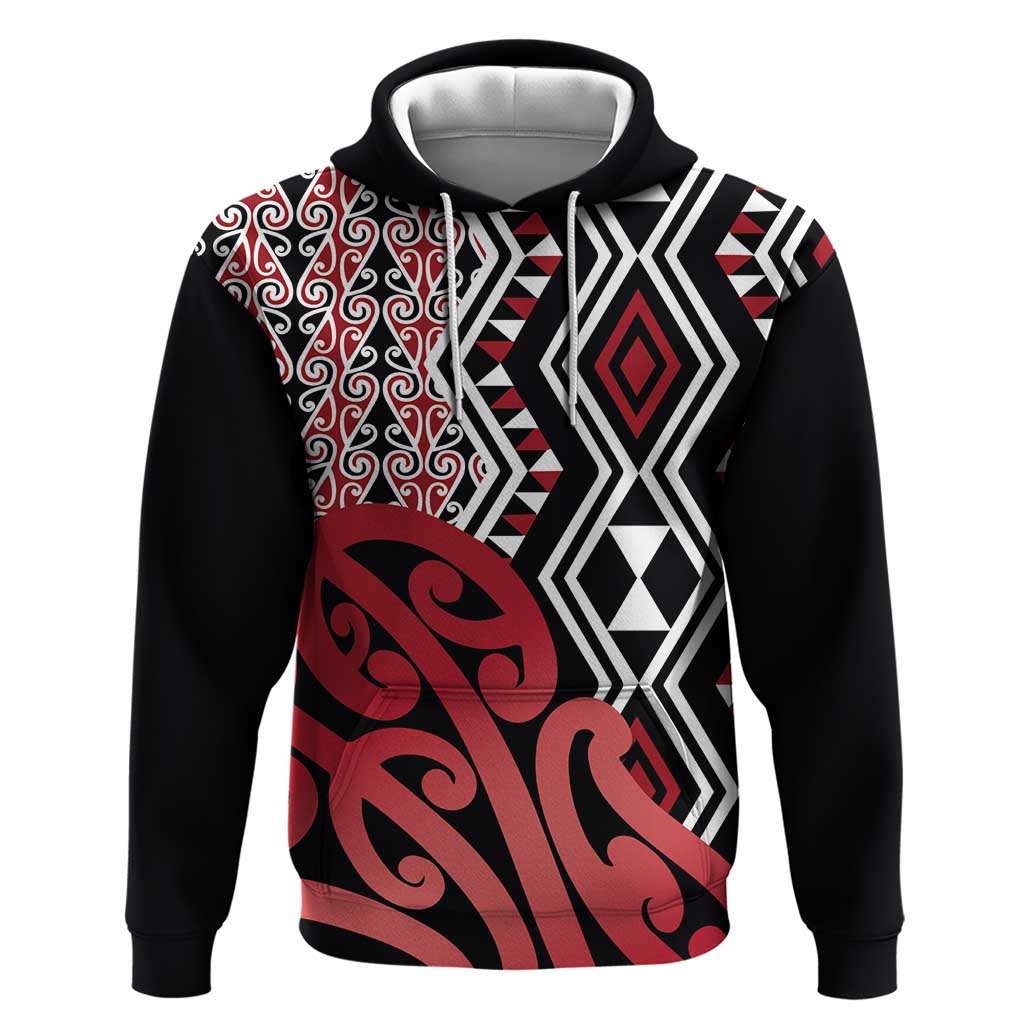 New Zealand Zip Hoodie Aotearoa Kowhaiwhai Mix Taniko Art - Red LT14 Pullover Hoodie Red - Polynesian Pride
