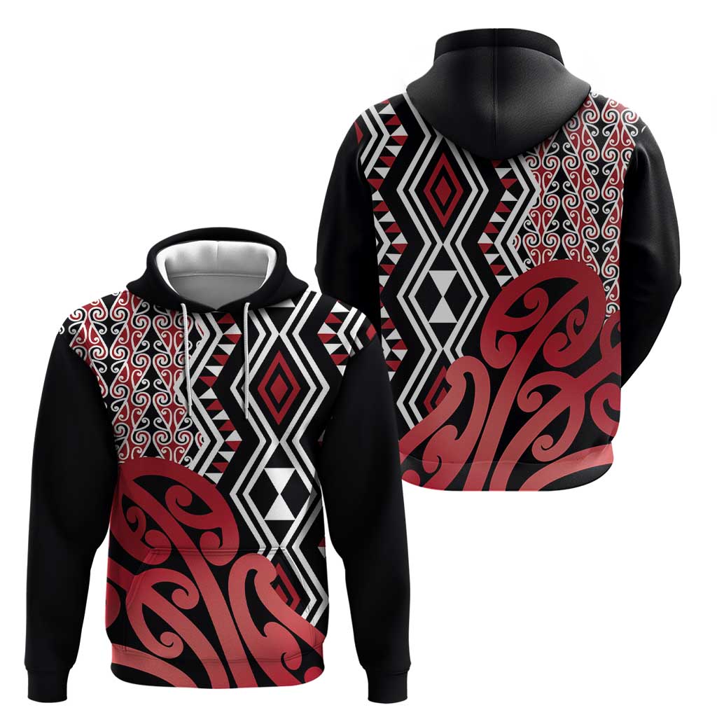 New Zealand Zip Hoodie Aotearoa Kowhaiwhai Mix Taniko Art - Red LT14 - Polynesian Pride
