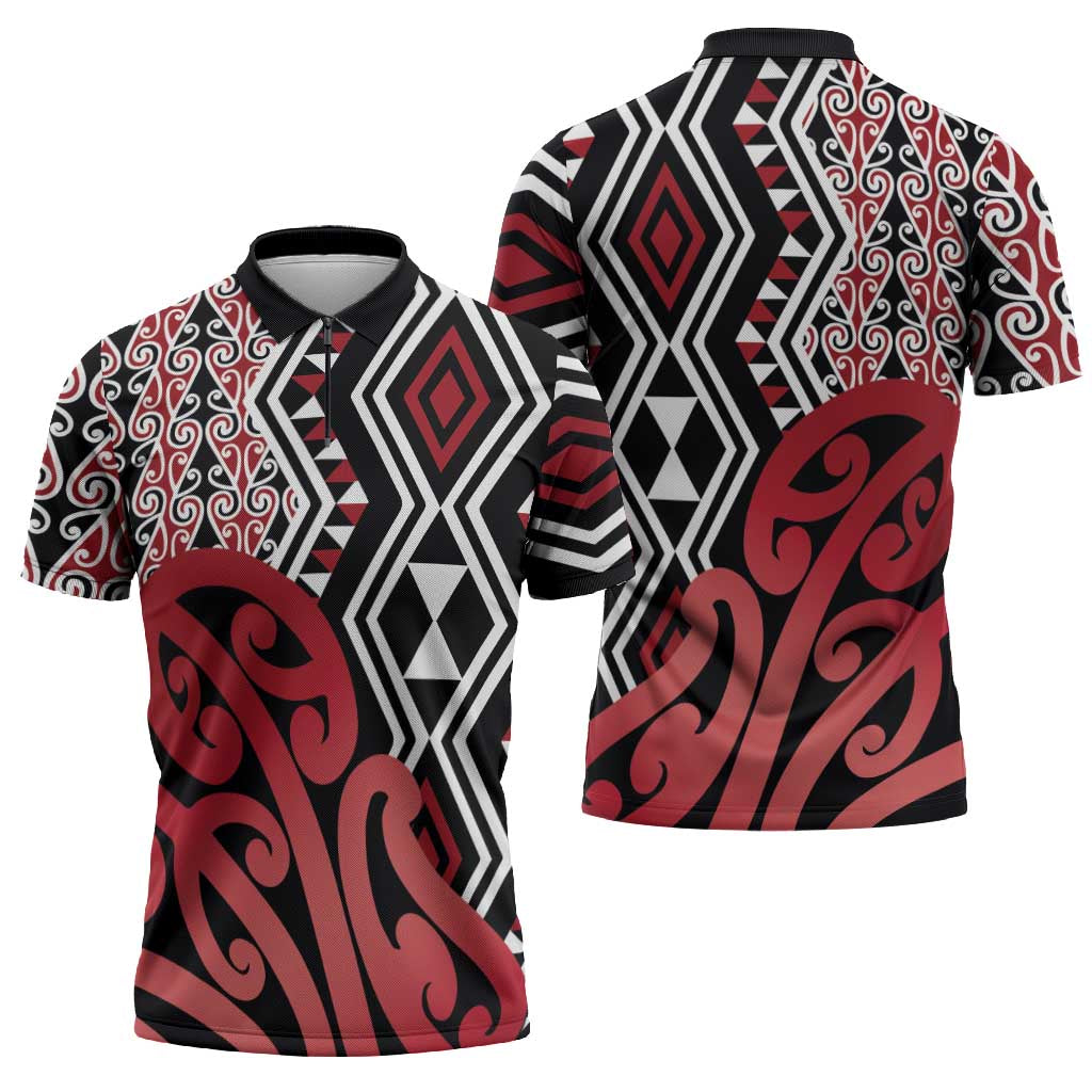 New Zealand Zipper Polo Shirt Aotearoa Kowhaiwhai Mix Taniko Art - Red - Polynesian Pride