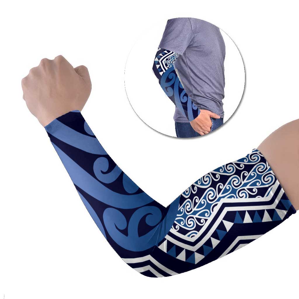 New Zealand Arm Sleeves Aotearoa Kowhaiwhai Mix Taniko Art - Blue LT14 Set of 2 Blue - Polynesian Pride