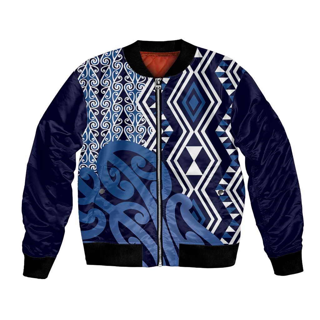 New Zealand Bomber Jacket Aotearoa Kowhaiwhai Mix Taniko Art - Blue