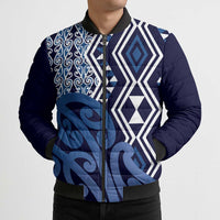 New Zealand Bomber Puffer Jacket Aotearoa Kowhaiwhai Mix Taniko Art - Blue - Polynesian Pride