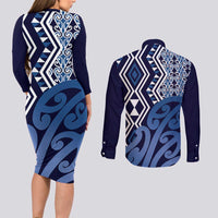 New Zealand Couples Matching Long Sleeve Bodycon Dress and Long Sleeve Button Shirt Aotearoa Kowhaiwhai Mix Taniko Art - Blue