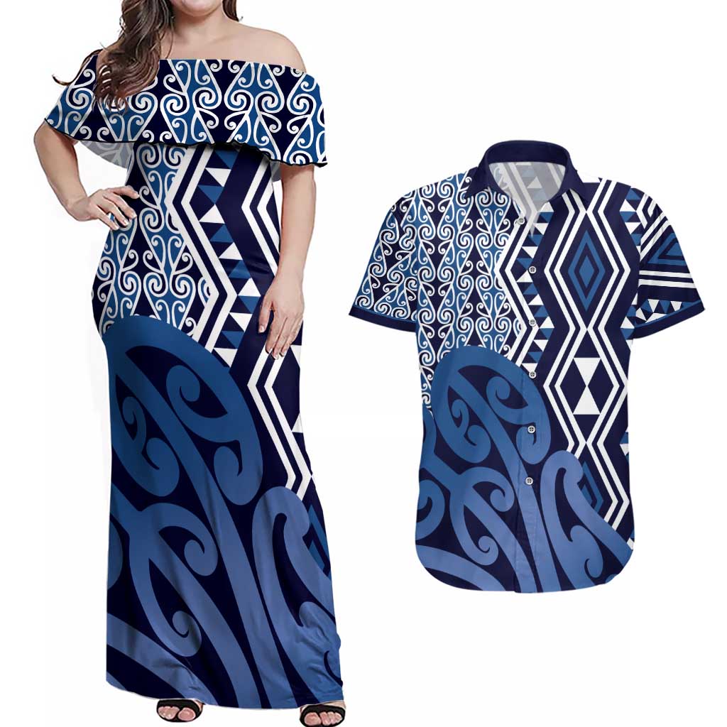 New Zealand Couples Matching Off Shoulder Maxi Dress and Hawaiian Shirt Aotearoa Kowhaiwhai Mix Taniko Art - Blue LT14 Blue - Polynesian Pride
