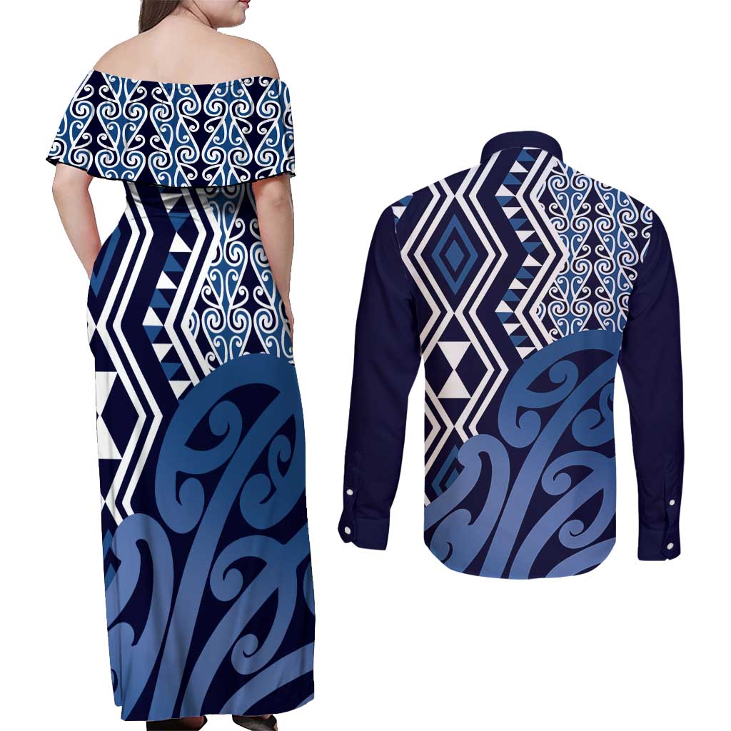 New Zealand Couples Matching Off Shoulder Maxi Dress and Long Sleeve Button Shirt Aotearoa Kowhaiwhai Mix Taniko Art - Blue