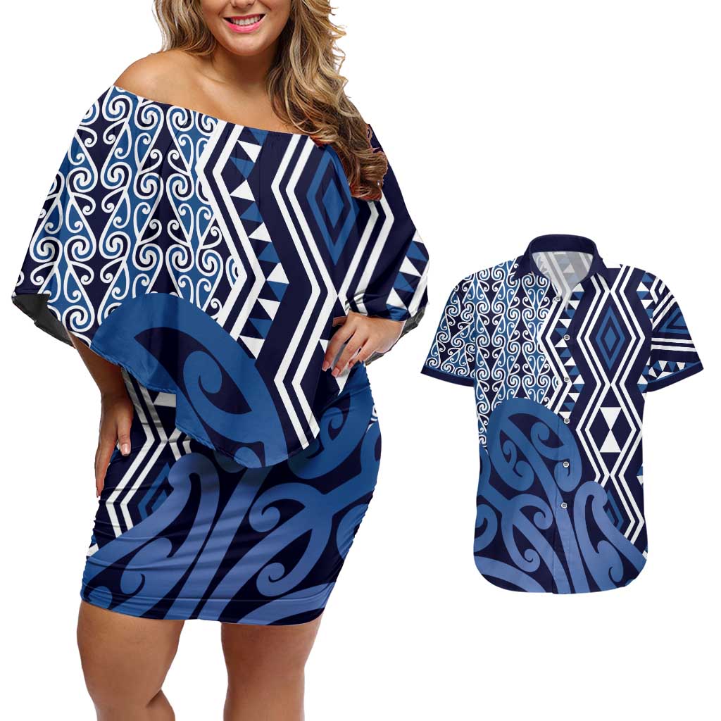 New Zealand Couples Matching Off Shoulder Short Dress and Hawaiian Shirt Aotearoa Kowhaiwhai Mix Taniko Art - Blue