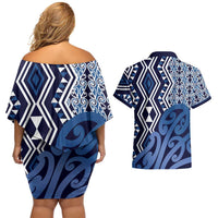 New Zealand Couples Matching Off Shoulder Short Dress and Hawaiian Shirt Aotearoa Kowhaiwhai Mix Taniko Art - Blue