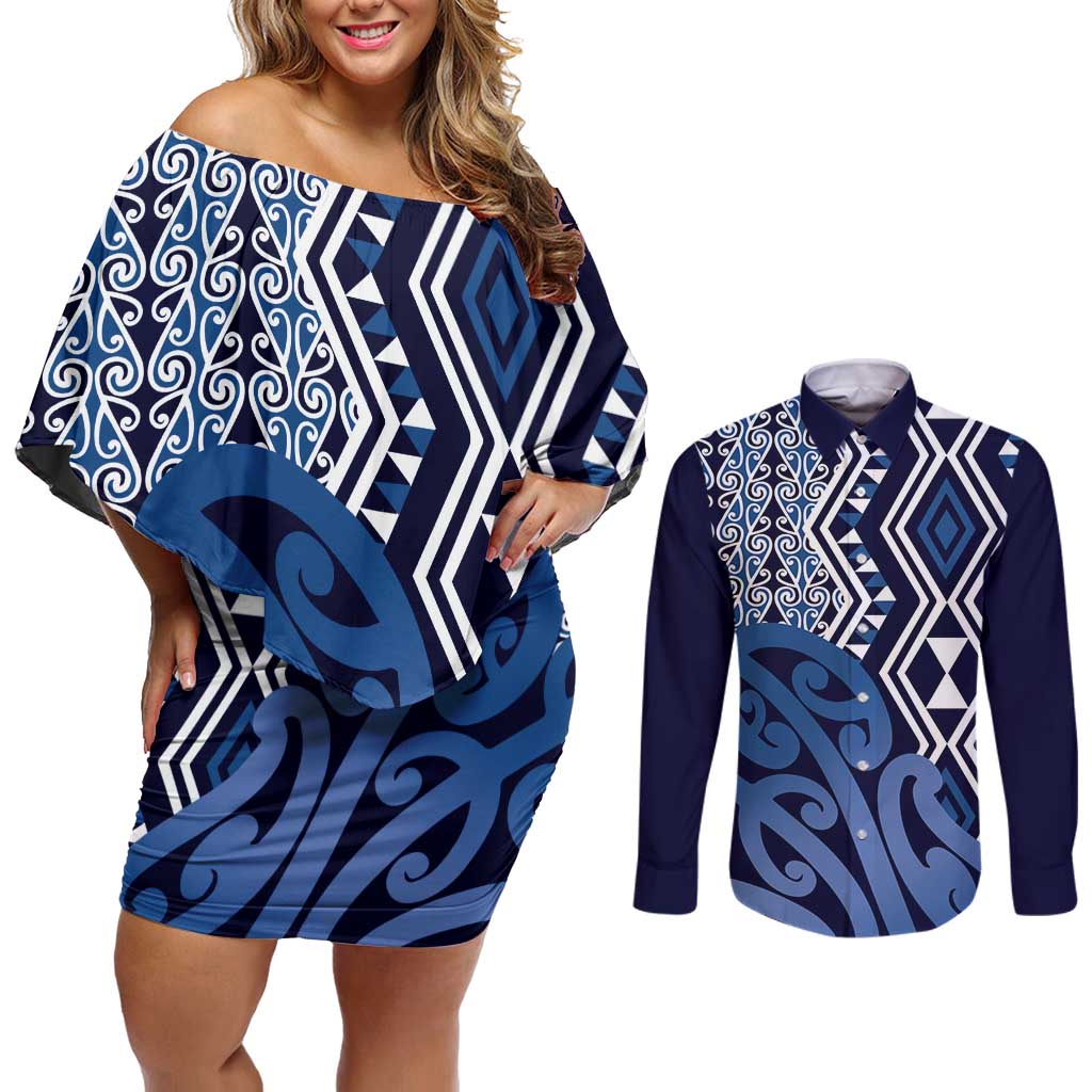 New Zealand Couples Matching Off Shoulder Short Dress and Long Sleeve Button Shirt Aotearoa Kowhaiwhai Mix Taniko Art - Blue