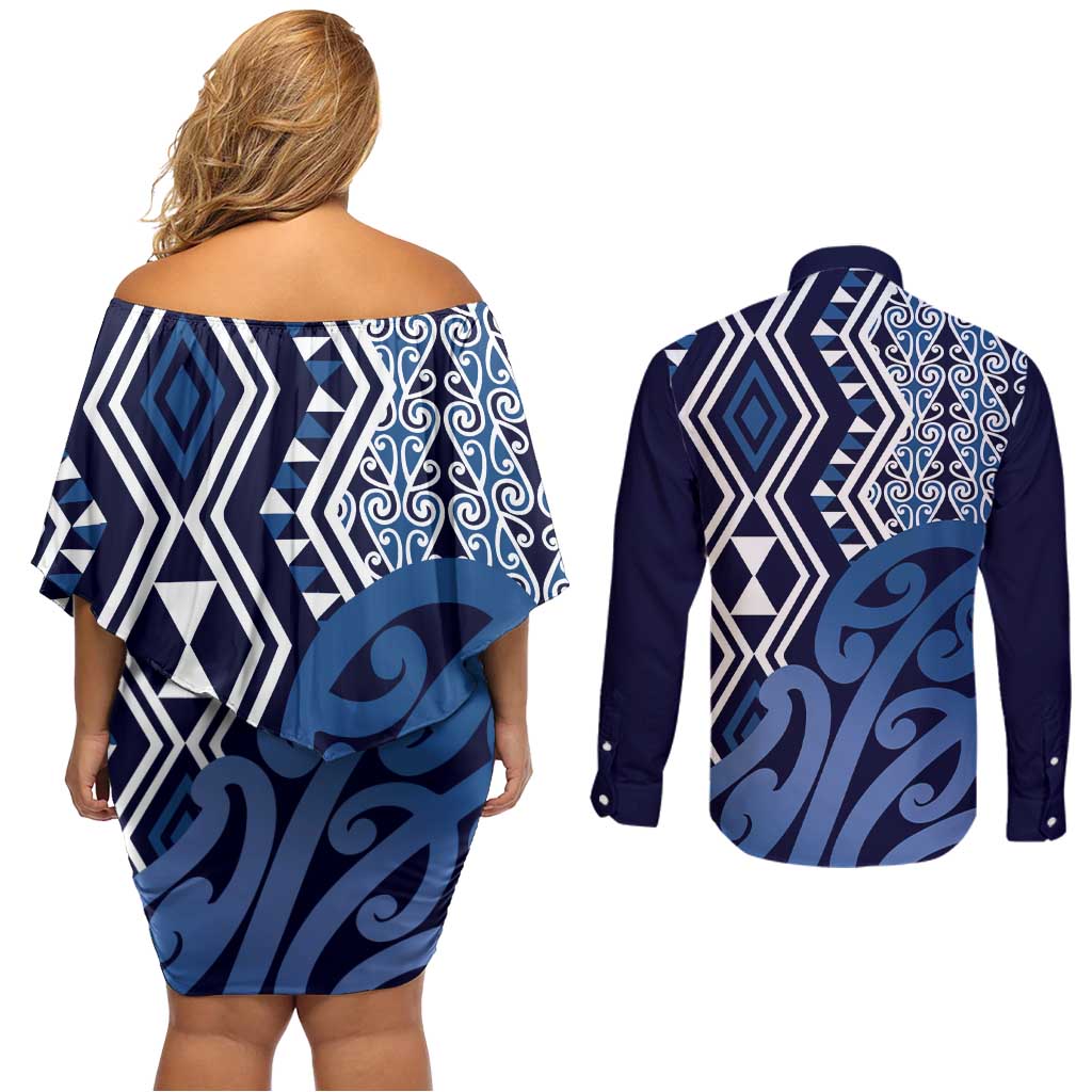 New Zealand Couples Matching Off Shoulder Short Dress and Long Sleeve Button Shirt Aotearoa Kowhaiwhai Mix Taniko Art - Blue