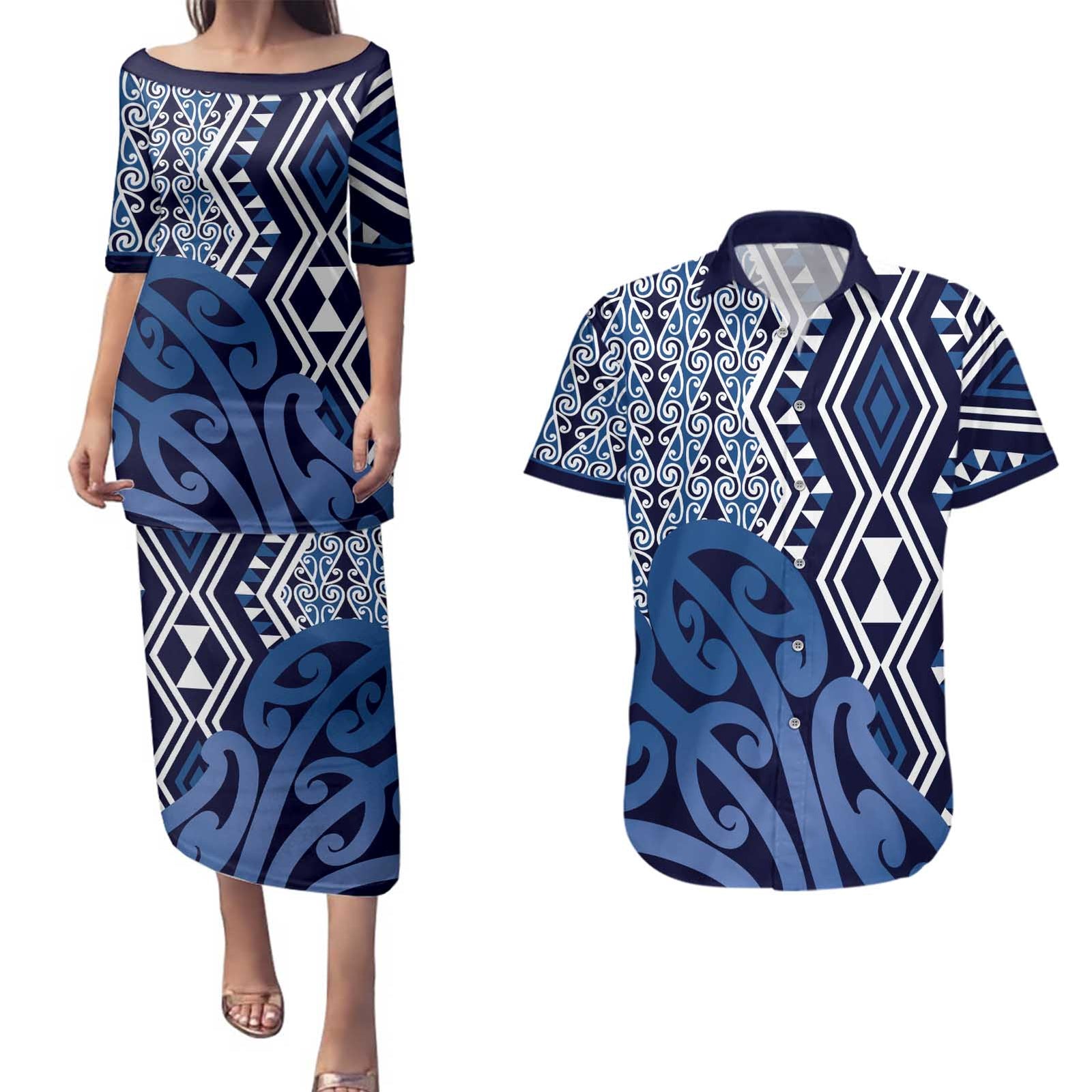 New Zealand Couples Matching Puletasi and Hawaiian Shirt Aotearoa Kowhaiwhai Mix Taniko Art - Blue