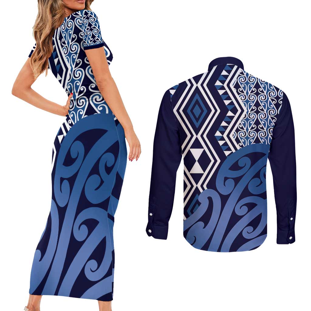 New Zealand Couples Matching Short Sleeve Bodycon Dress and Long Sleeve Button Shirt Aotearoa Kowhaiwhai Mix Taniko Art - Blue