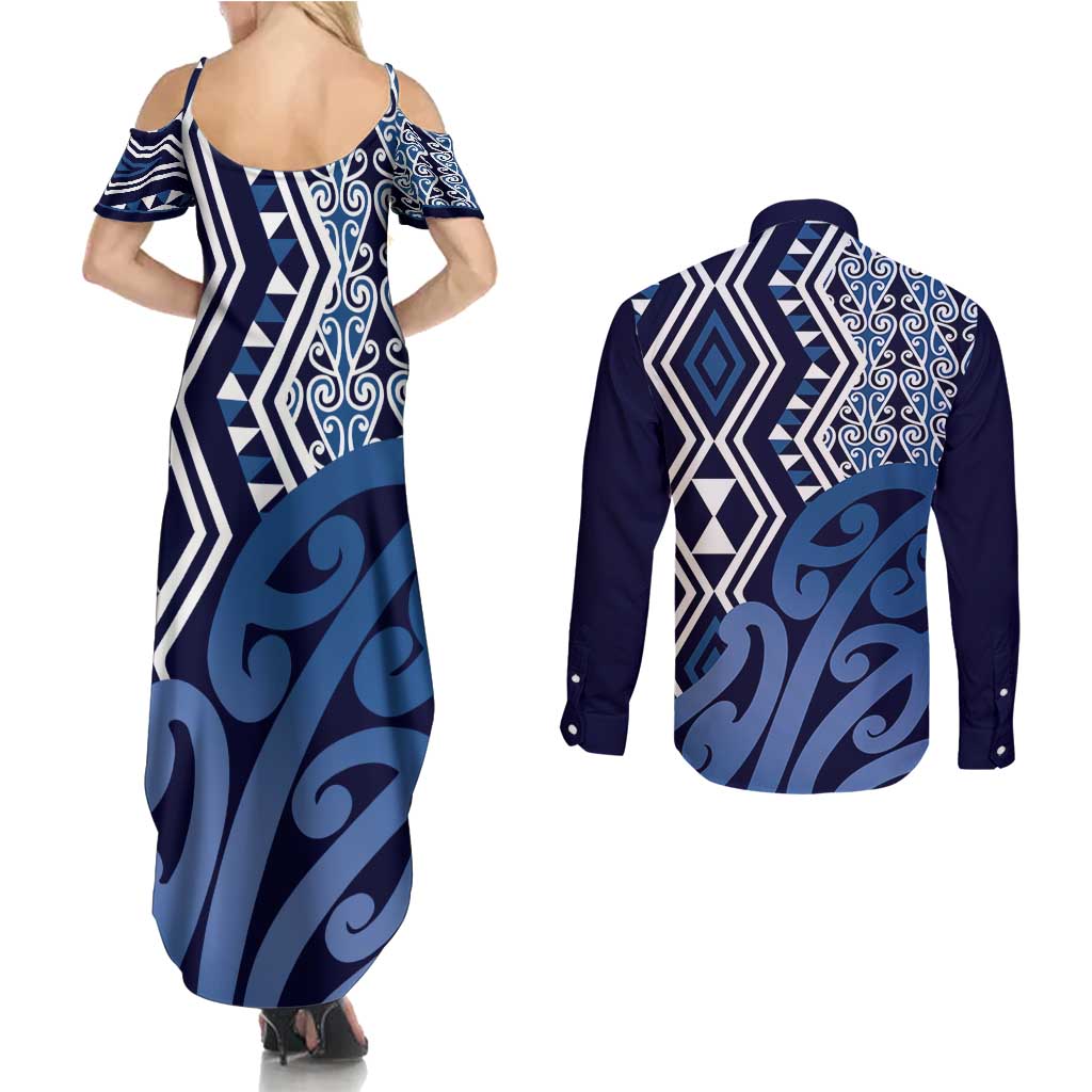 New Zealand Couples Matching Summer Maxi Dress and Long Sleeve Button Shirt Aotearoa Kowhaiwhai Mix Taniko Art - Blue