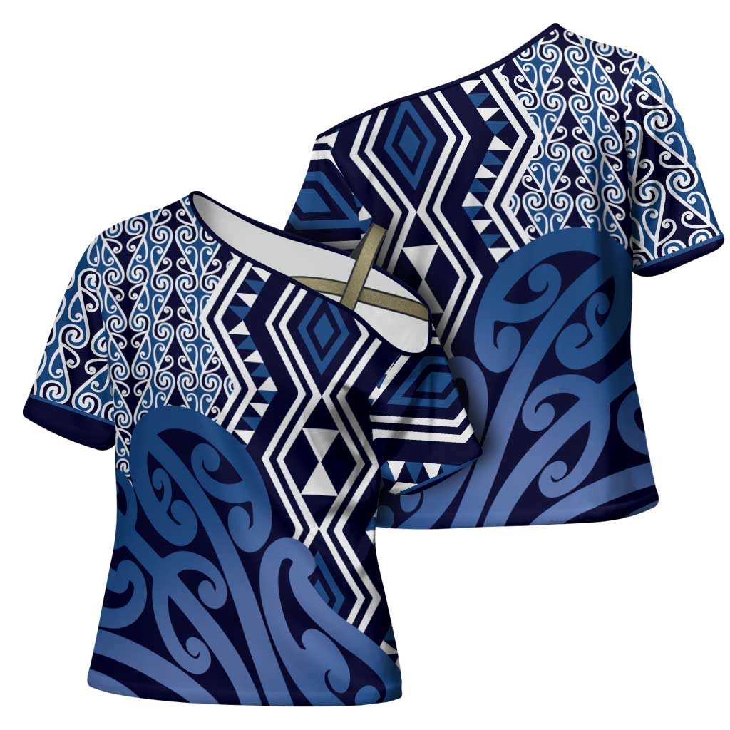 New Zealand Cross Shoulder Shirt Aotearoa Kowhaiwhai Mix Taniko Art - Blue - Polynesian Pride