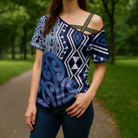 New Zealand Cross Shoulder Shirt Aotearoa Kowhaiwhai Mix Taniko Art - Blue - Polynesian Pride