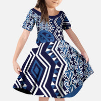 New Zealand Family Matching Long Sleeve Bodycon Dress and Hawaiian Shirt Aotearoa Kowhaiwhai Mix Taniko Art - Blue LT14 Daughter's Dress Blue - Polynesian Pride