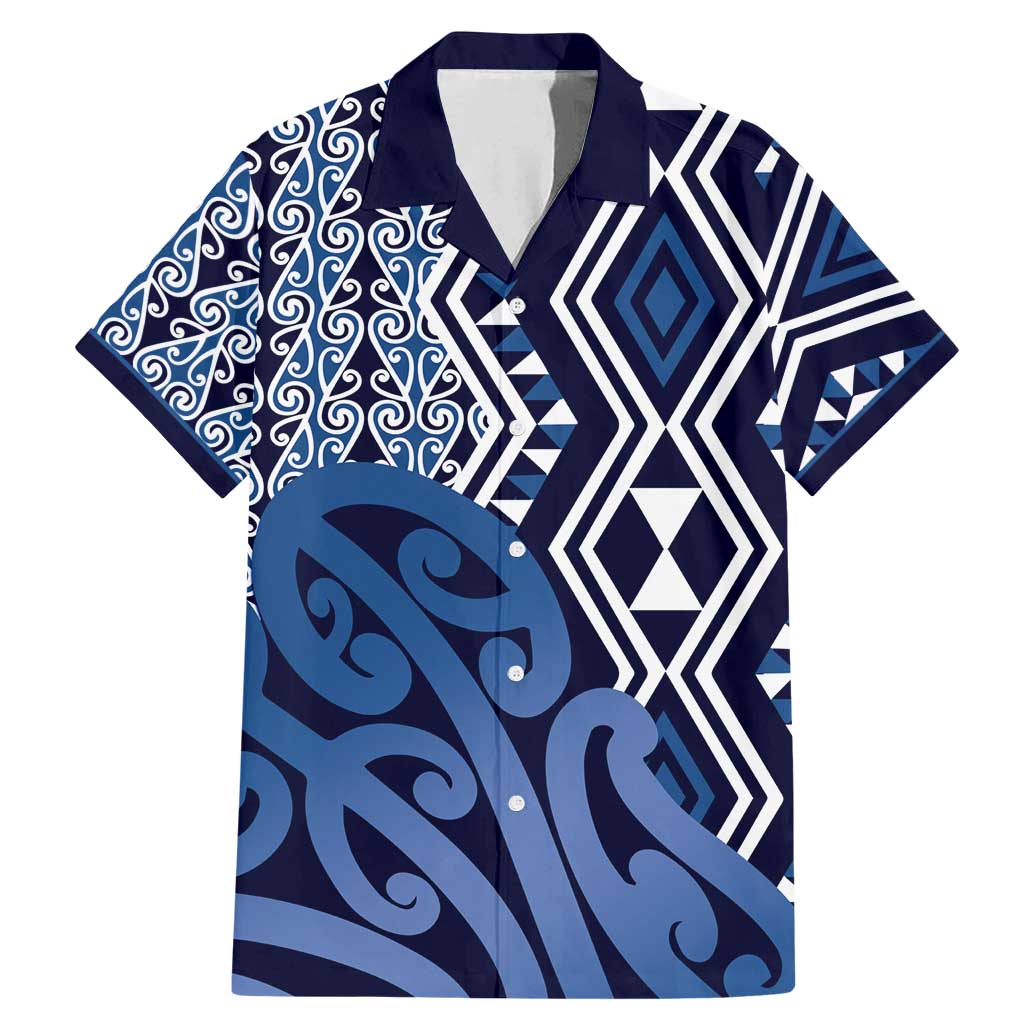 New Zealand Family Matching Mermaid Dress and Hawaiian Shirt Aotearoa Kowhaiwhai Mix Taniko Art - Blue LT14 Dad's Shirt - Short Sleeve Blue - Polynesian Pride