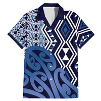 New Zealand Family Matching Mermaid Dress and Hawaiian Shirt Aotearoa Kowhaiwhai Mix Taniko Art - Blue LT14 Dad's Shirt - Short Sleeve Blue - Polynesian Pride