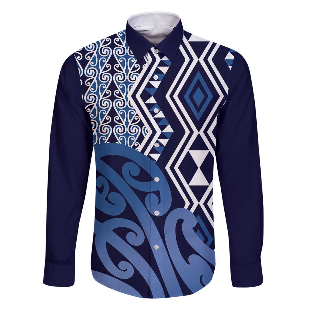 New Zealand Family Matching Mermaid Dress and Hawaiian Shirt Aotearoa Kowhaiwhai Mix Taniko Art - Blue LT14 Dad's Shirt - Long Sleeve Blue - Polynesian Pride