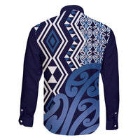 New Zealand Family Matching Off Shoulder Maxi Dress and Hawaiian Shirt Aotearoa Kowhaiwhai Mix Taniko Art - Blue LT14 - Polynesian Pride
