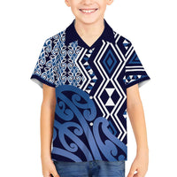 New Zealand Family Matching Off Shoulder Maxi Dress and Hawaiian Shirt Aotearoa Kowhaiwhai Mix Taniko Art - Blue LT14 Son's Shirt Blue - Polynesian Pride