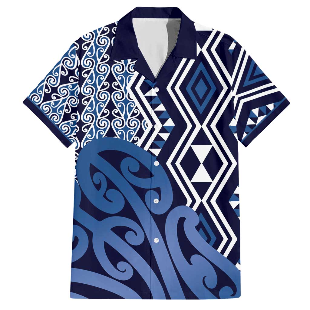 New Zealand Family Matching Short Sleeve Bodycon Dress and Hawaiian Shirt Aotearoa Kowhaiwhai Mix Taniko Art - Blue LT14 Dad's Shirt - Short Sleeve Blue - Polynesian Pride
