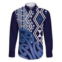 New Zealand Family Matching Short Sleeve Bodycon Dress and Hawaiian Shirt Aotearoa Kowhaiwhai Mix Taniko Art - Blue LT14 Dad's Shirt - Long Sleeve Blue - Polynesian Pride