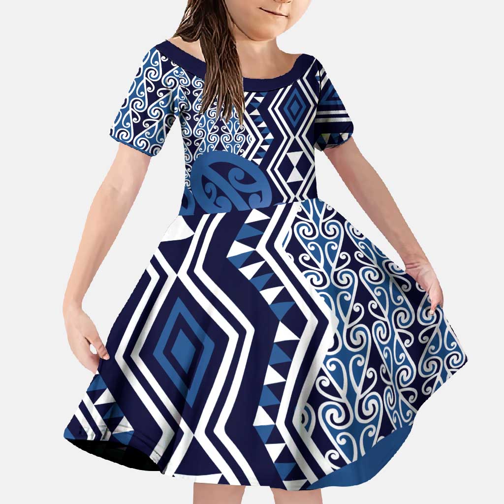 New Zealand Family Matching Tank Maxi Dress and Hawaiian Shirt Aotearoa Kowhaiwhai Mix Taniko Art - Blue LT14 Daughter's Dress Blue - Polynesian Pride