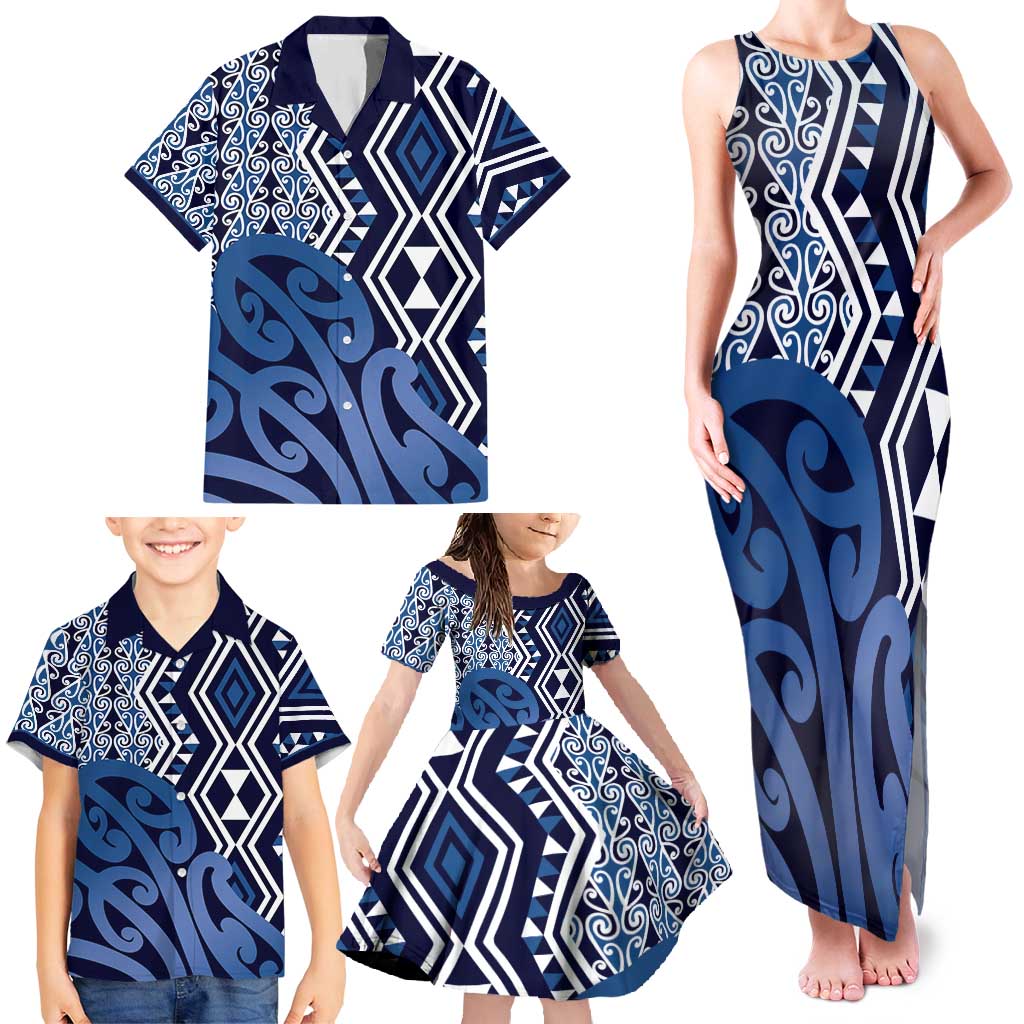 New Zealand Family Matching Tank Maxi Dress and Hawaiian Shirt Aotearoa Kowhaiwhai Mix Taniko Art - Blue LT14 - Polynesian Pride