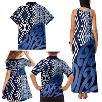 New Zealand Family Matching Tank Maxi Dress and Hawaiian Shirt Aotearoa Kowhaiwhai Mix Taniko Art - Blue LT14 - Polynesian Pride