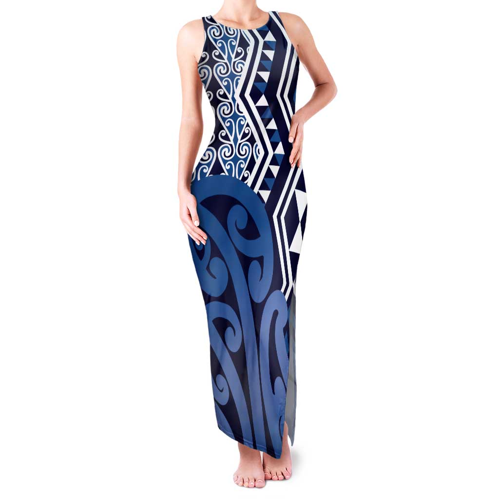 New Zealand Family Matching Tank Maxi Dress and Hawaiian Shirt Aotearoa Kowhaiwhai Mix Taniko Art - Blue LT14 Mom's Dress Blue - Polynesian Pride