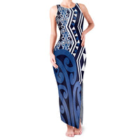 New Zealand Family Matching Tank Maxi Dress and Hawaiian Shirt Aotearoa Kowhaiwhai Mix Taniko Art - Blue LT14 Mom's Dress Blue - Polynesian Pride
