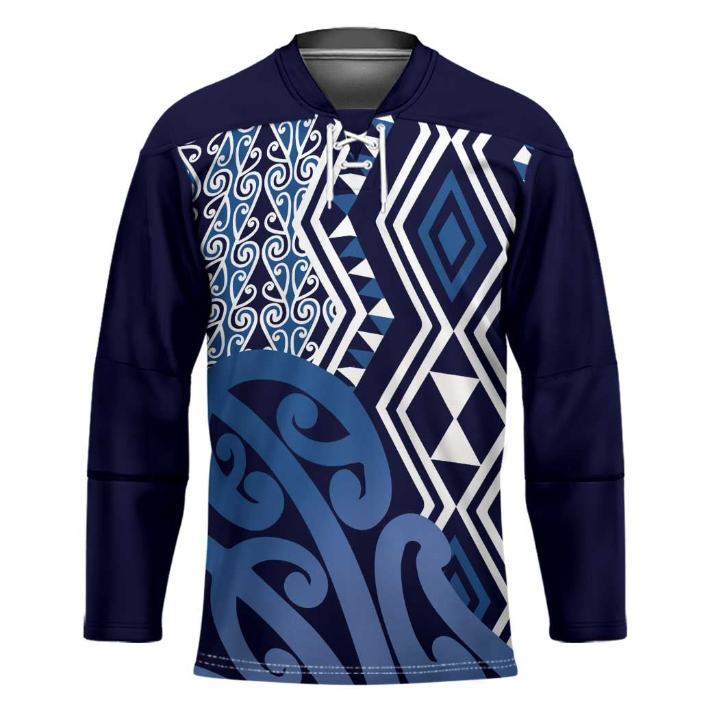 New Zealand Hockey Jersey Aotearoa Kowhaiwhai Mix Taniko Art - Blue LT14 Unisex Blue - Polynesian Pride
