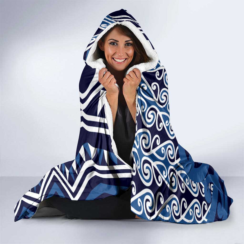 New Zealand Hooded Blanket Aotearoa Kowhaiwhai Mix Taniko Art - Blue
