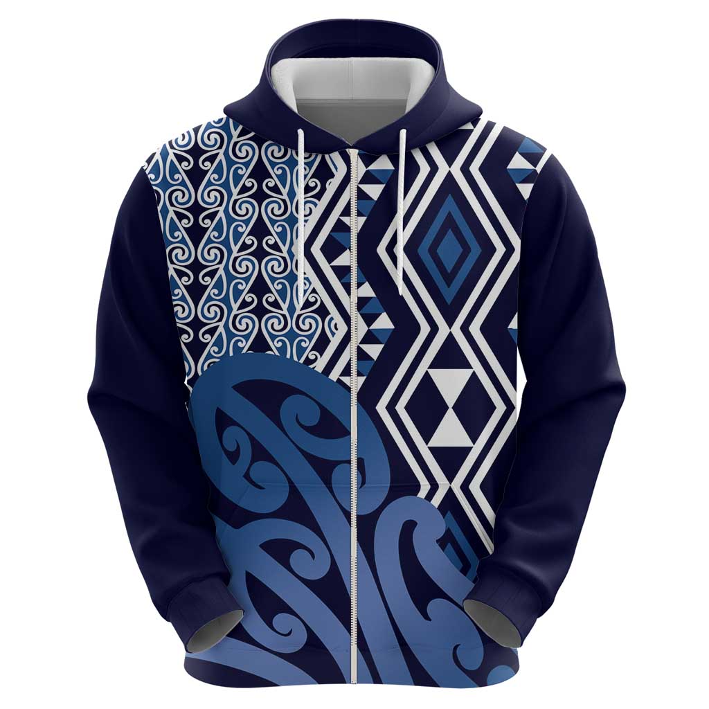 New Zealand Hoodie Aotearoa Kowhaiwhai Mix Taniko Art - Blue