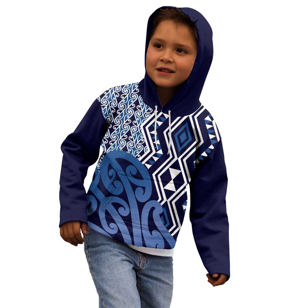 New Zealand Kid Hoodie Aotearoa Kowhaiwhai Mix Taniko Art - Blue
