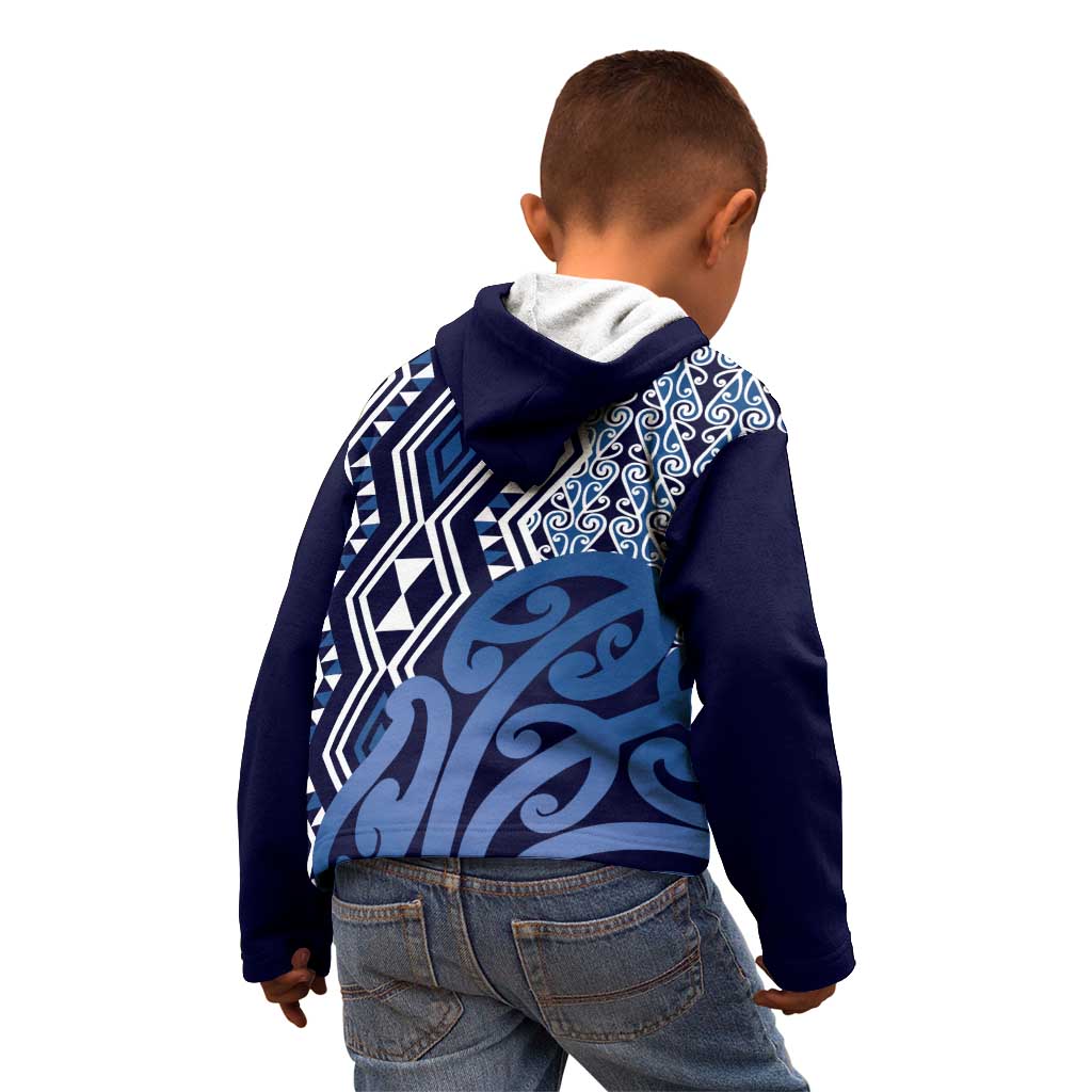 New Zealand Kid Hoodie Aotearoa Kowhaiwhai Mix Taniko Art - Blue
