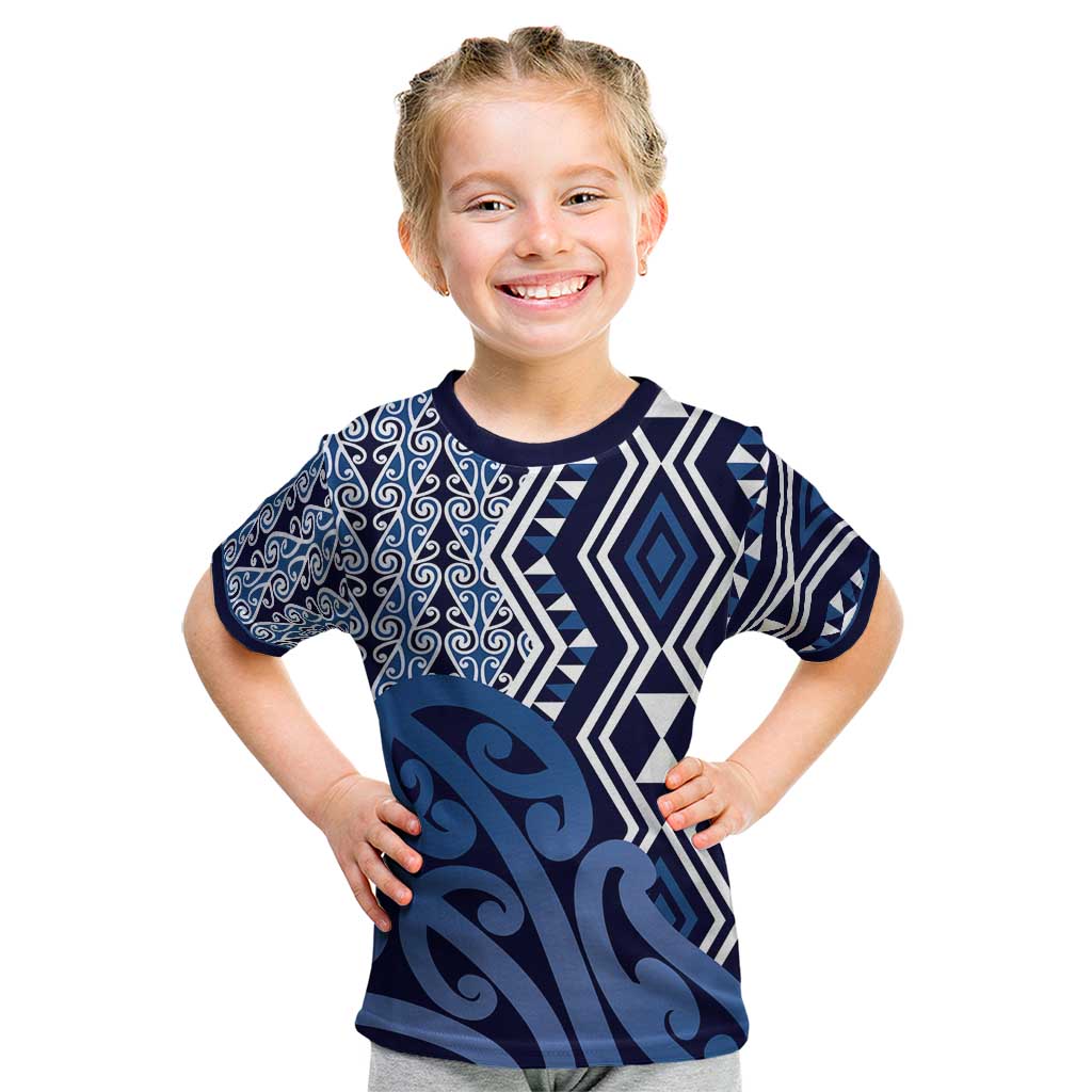 New Zealand Kid T Shirt Aotearoa Kowhaiwhai Mix Taniko Art - Blue LT14 Blue - Polynesian Pride