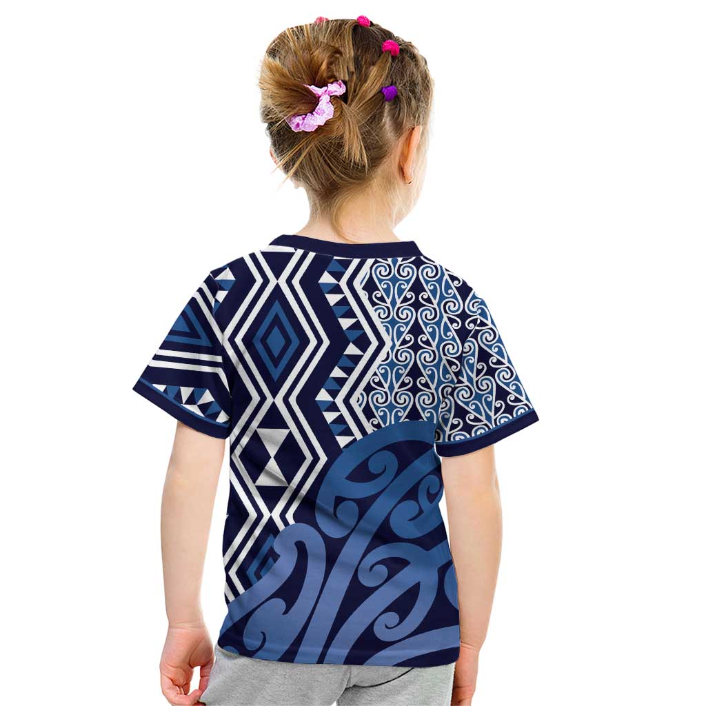 New Zealand Kid T Shirt Aotearoa Kowhaiwhai Mix Taniko Art - Blue LT14 - Polynesian Pride