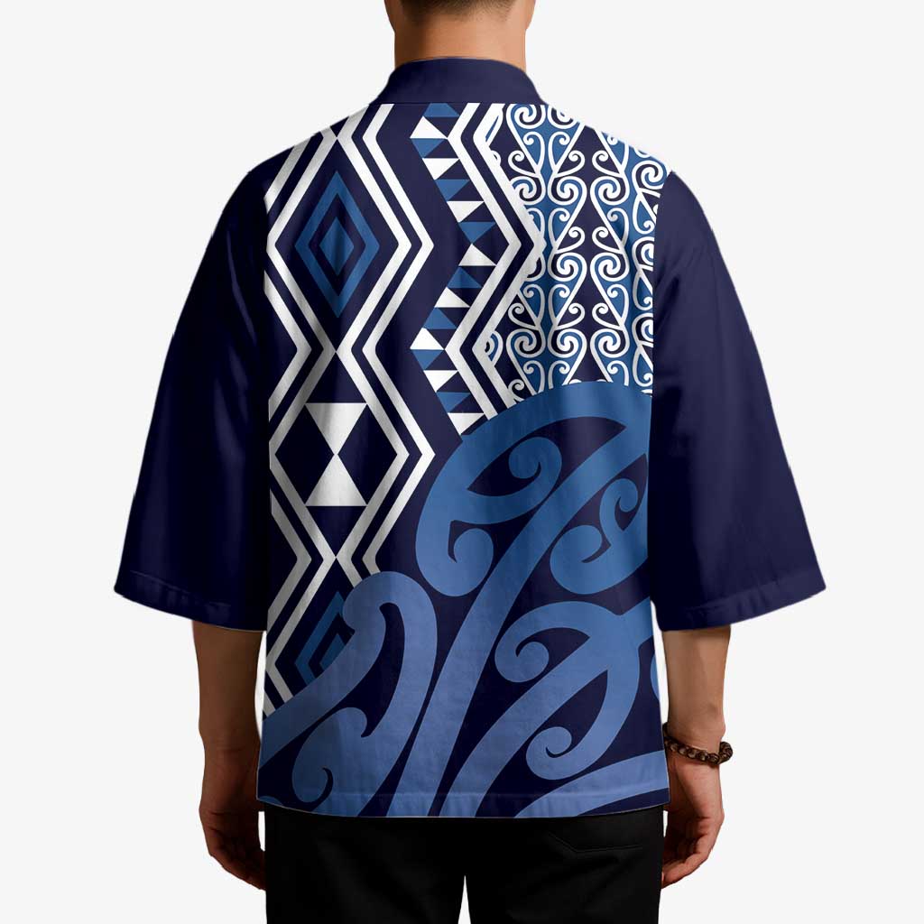 New Zealand Kimono Aotearoa Kowhaiwhai Mix Taniko Art - Blue - Polynesian Pride