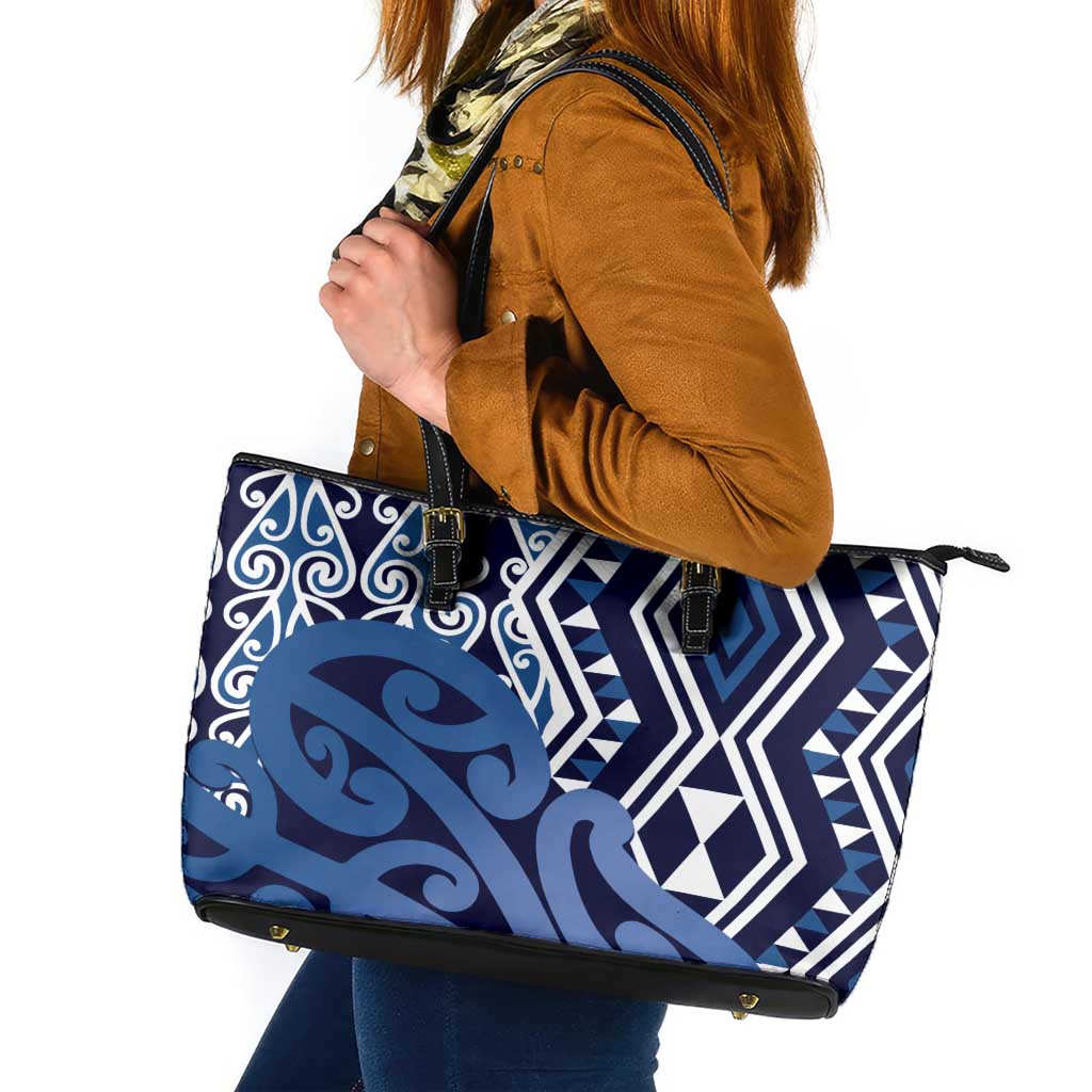 New Zealand Leather Tote Bag Aotearoa Kowhaiwhai Mix Taniko Art - Blue LT14 Blue - Polynesian Pride