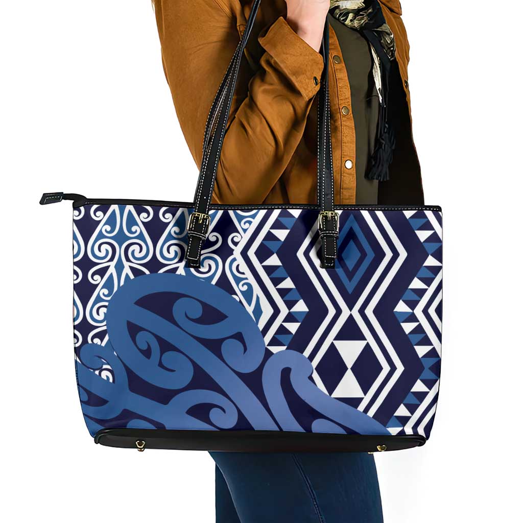 New Zealand Leather Tote Bag Aotearoa Kowhaiwhai Mix Taniko Art - Blue LT14 - Polynesian Pride