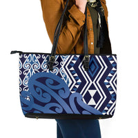 New Zealand Leather Tote Bag Aotearoa Kowhaiwhai Mix Taniko Art - Blue LT14 - Polynesian Pride
