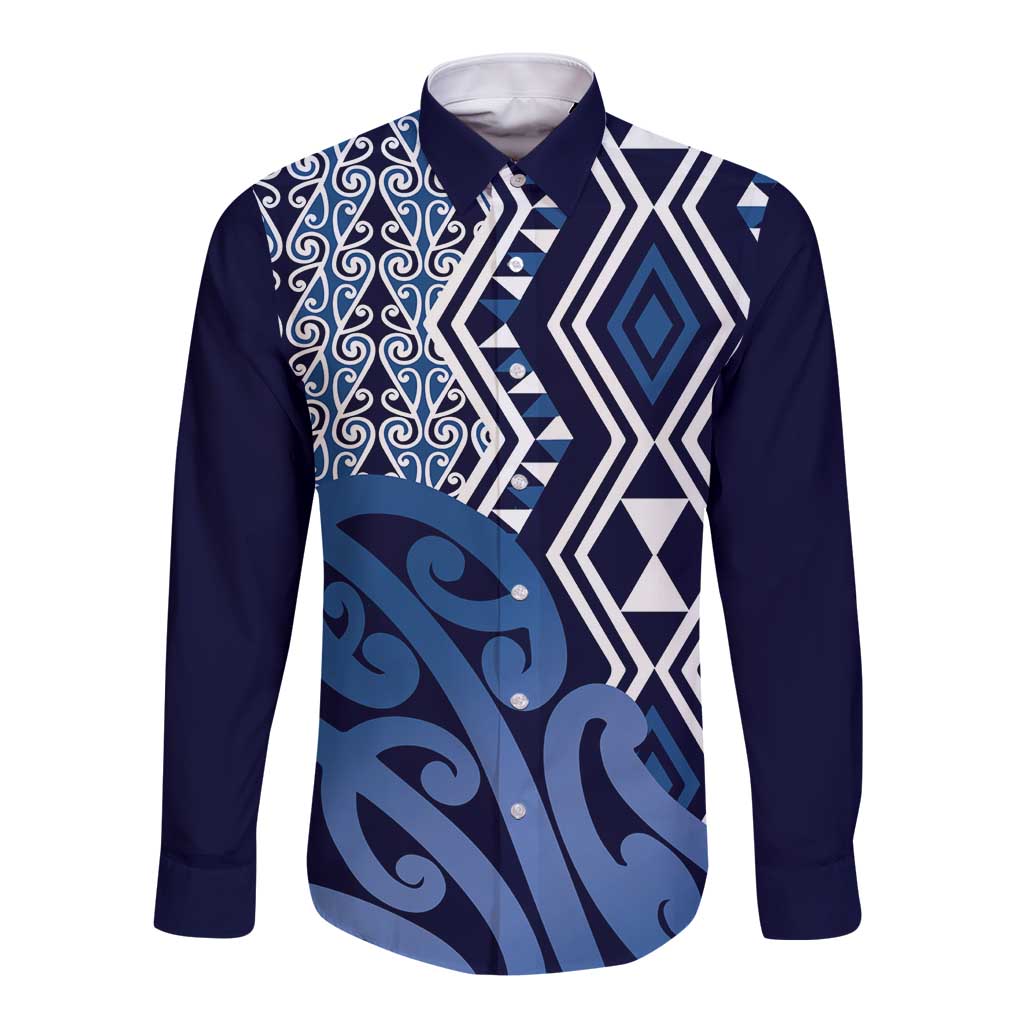 New Zealand Long Sleeve Button Shirt Aotearoa Kowhaiwhai Mix Taniko Art - Blue