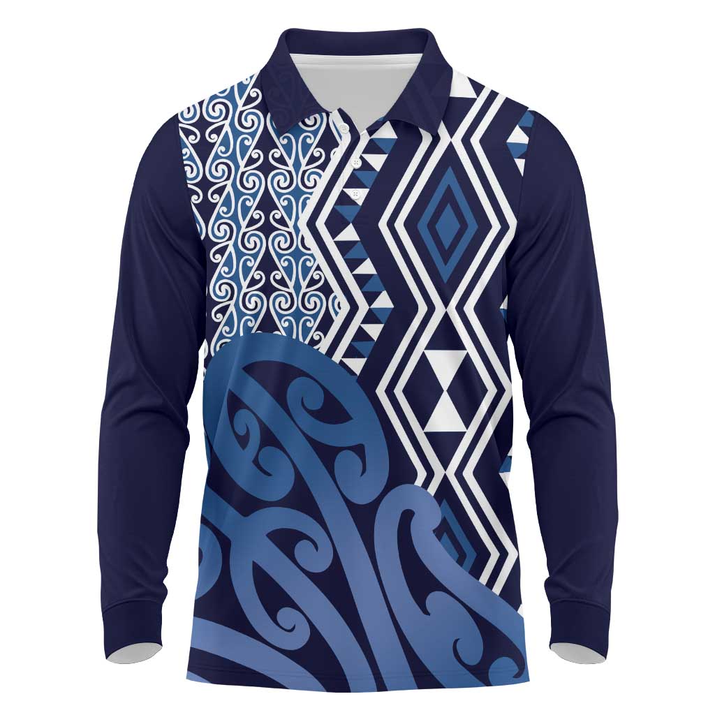 New Zealand Long Sleeve Polo Shirt Aotearoa Kowhaiwhai Mix Taniko Art - Blue LT14 Blue - Polynesian Pride