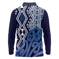 New Zealand Long Sleeve Polo Shirt Aotearoa Kowhaiwhai Mix Taniko Art - Blue LT14 - Polynesian Pride