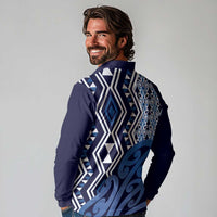 New Zealand Long Sleeve Polo Shirt Aotearoa Kowhaiwhai Mix Taniko Art - Blue LT14 - Polynesian Pride