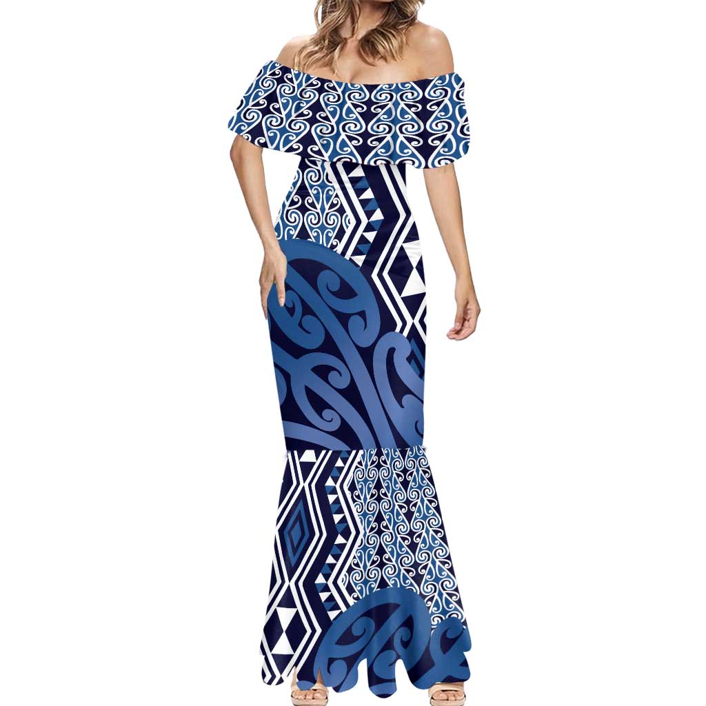 New Zealand Mermaid Dress Aotearoa Kowhaiwhai Mix Taniko Art - Blue