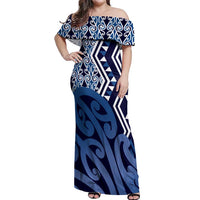 New Zealand Off Shoulder Maxi Dress Aotearoa Kowhaiwhai Mix Taniko Art - Blue