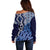 New Zealand Off Shoulder Sweater Aotearoa Kowhaiwhai Mix Taniko Art - Blue